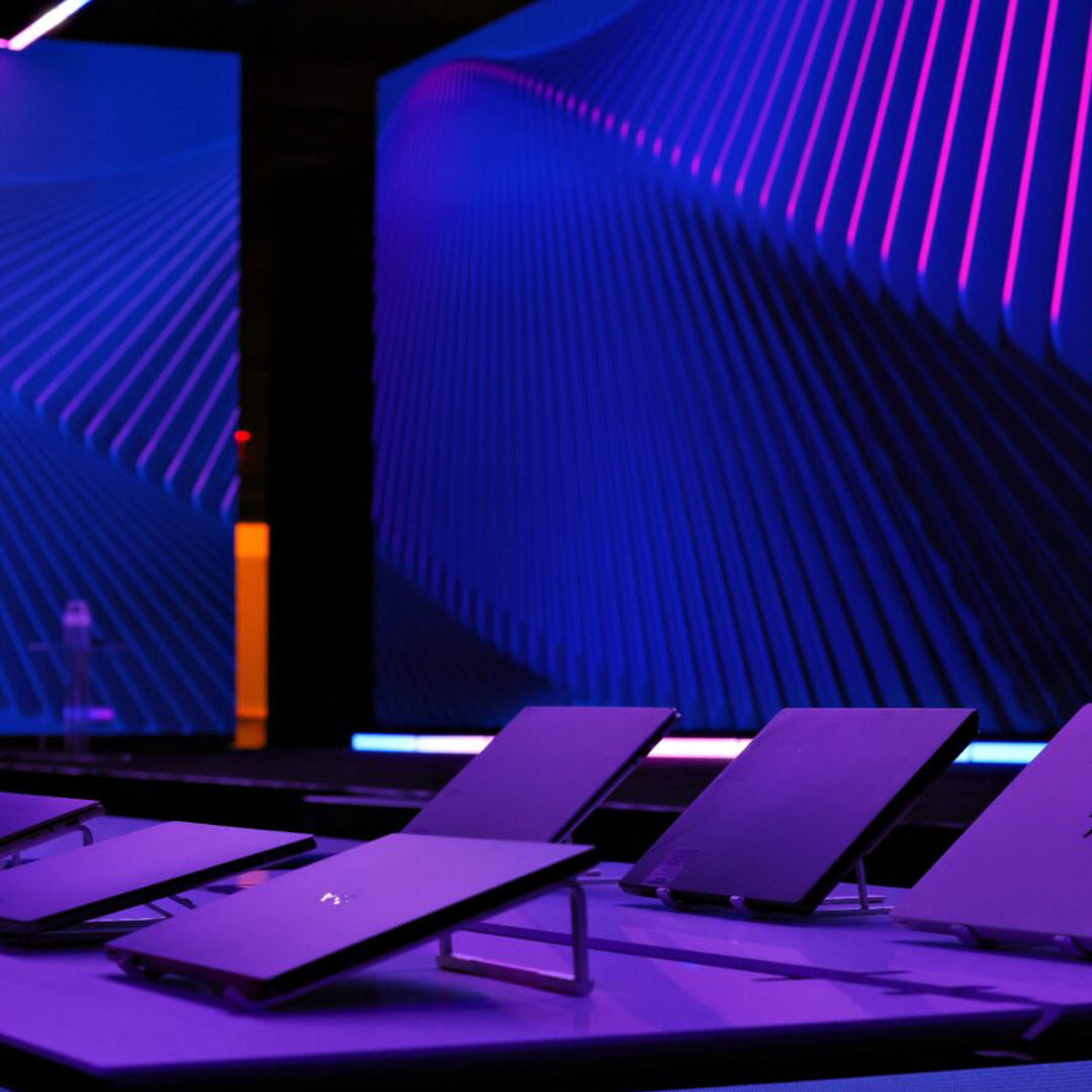 Purple-lit interactive display panels at CES 2026.