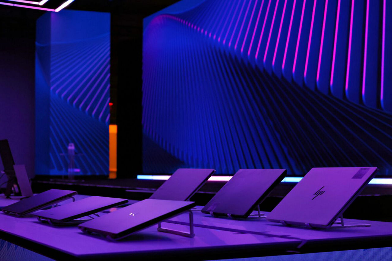 Purple-lit interactive display panels at CES 2026.