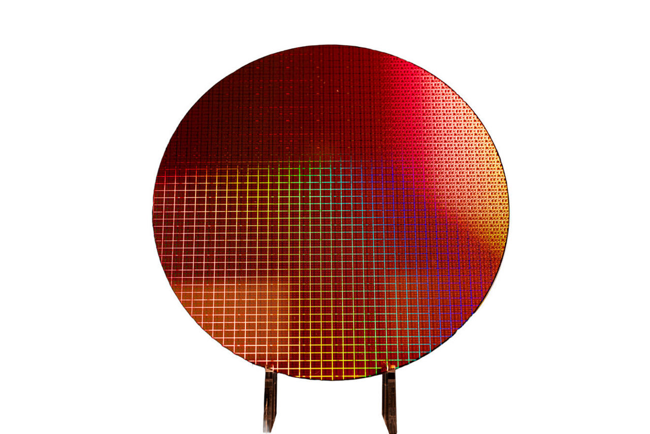 Colorful wafer of Intel Core Ultra Series 3 processors.