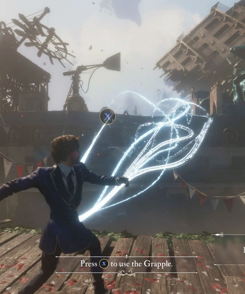 ตัวละครกำลังใช้ความสามารถตะขอเกี่ยวเรืองแสงในเกมแอคชั่น