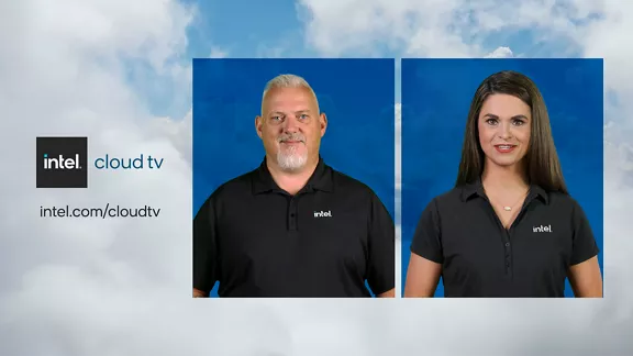 인텔® Cloud TV 로고가 표시된 컴퓨터 화면의 스크린샷과 두 명의 전문 호스트의 얼굴 사진