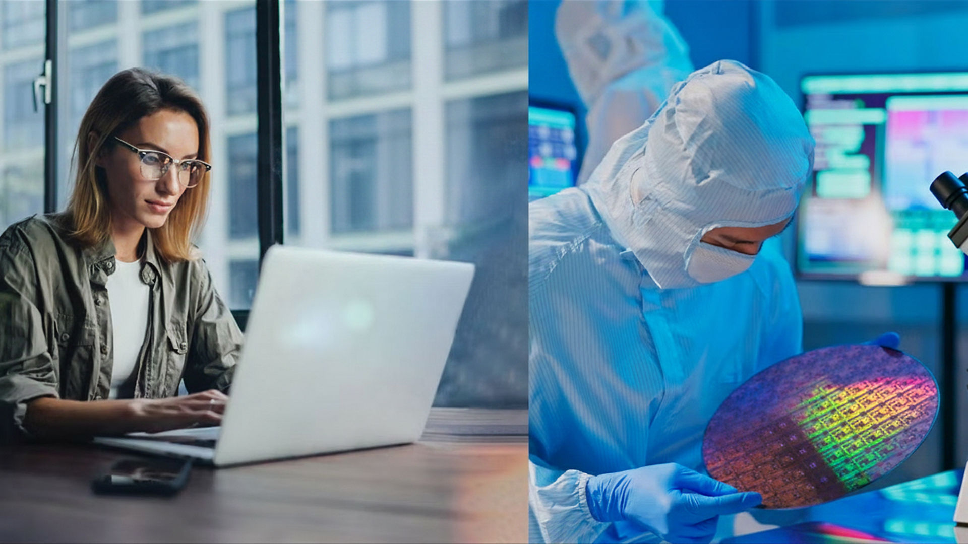 Split screen image with graphics of a woman using a laptop and a worker in a cleanroom
