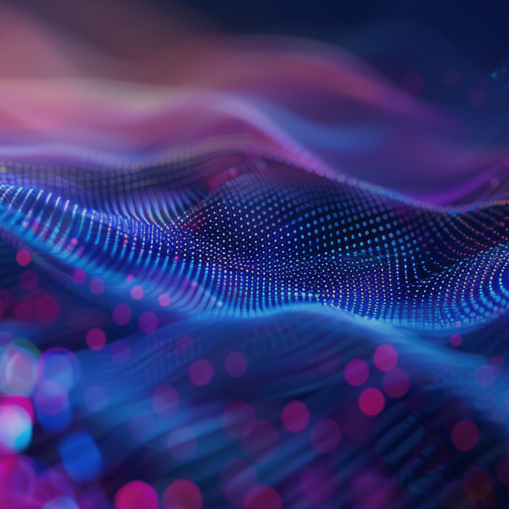 Abstract blue and magenta dotted waves flowing across a dark background.
