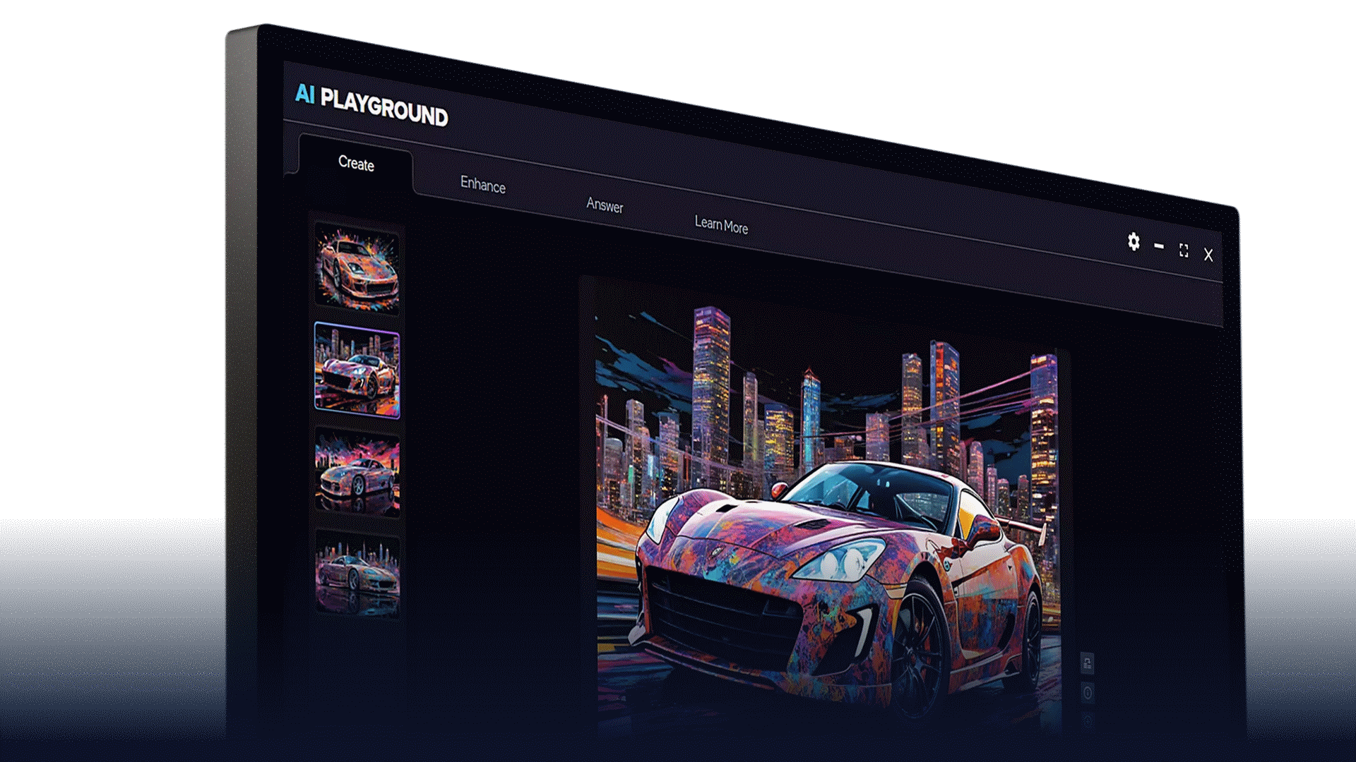 Die Oberfläche des Bildeditors von AI Playground, die ein buntes Auto in einer Stadt zeigt