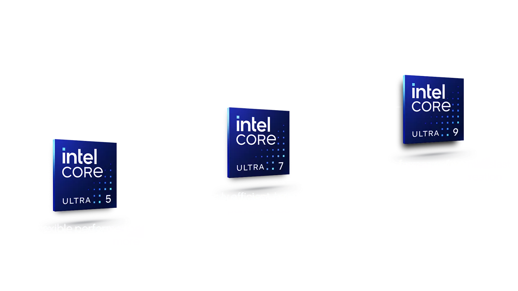 抽象的な背景に 3 つのインテル® Core™ Ultra プロセッサーの製品バッジが表示されています。バッジは、左から右の順に以下の通りです。インテル® Core™ Ultra 5 プロセッサー (シリーズ 2)、インテル® Core™ Ultra 7 プロセッサー (シリーズ 2)、およびインテル® Core™ Ultra 9 プロセッサー (シリーズ 2)