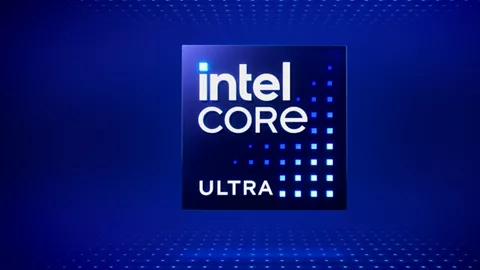青い背景にインテル® Core™ Ultra 製品バッジ