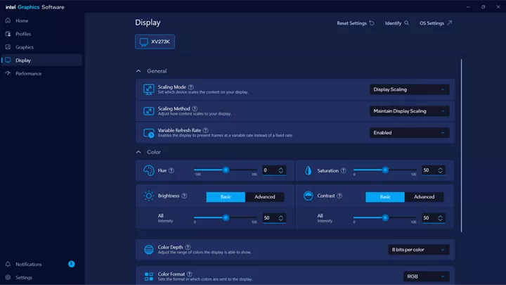 Screen capture of intel graphics software display page
