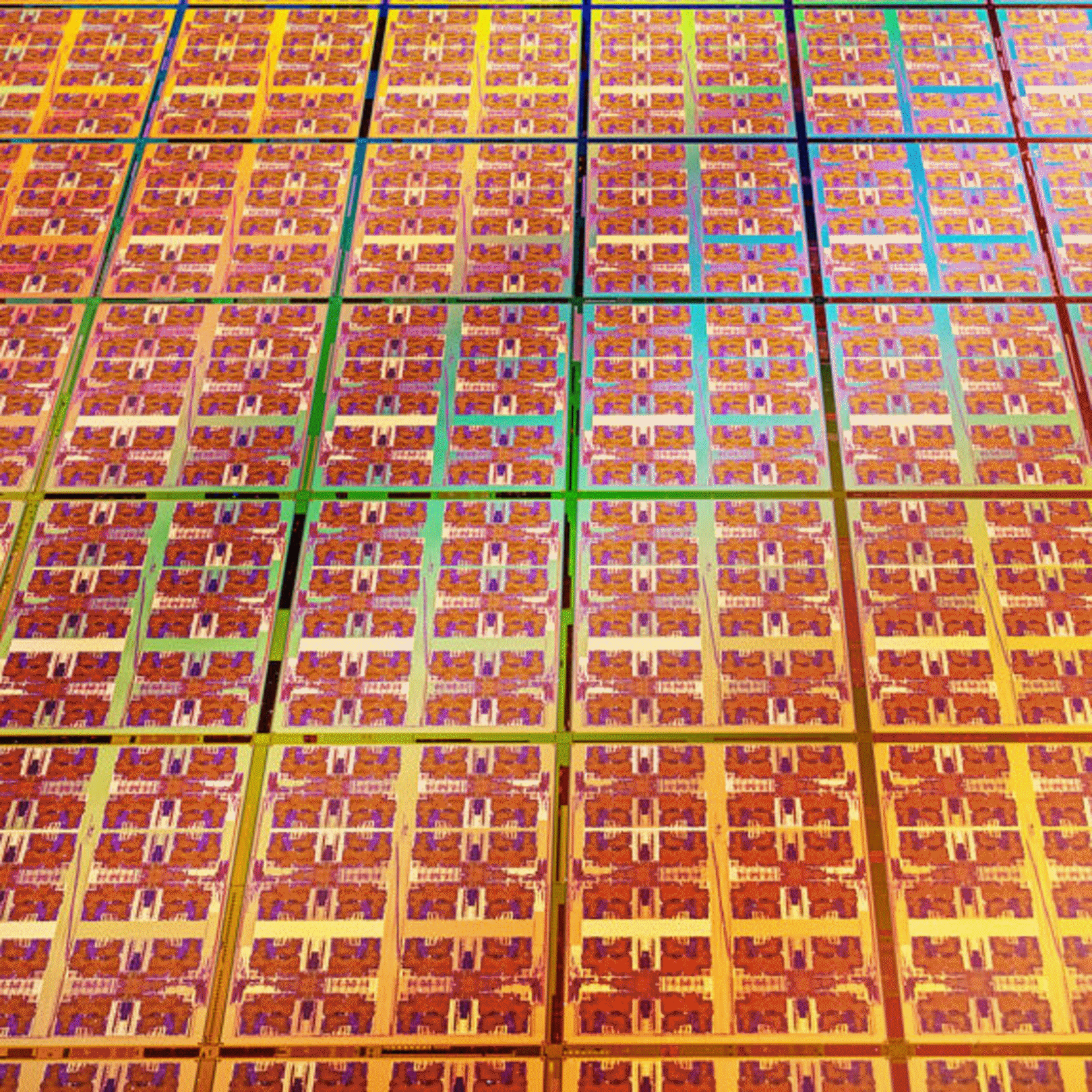 Una sección ampliada de una oblea de silicio Intel Xeon 6+.