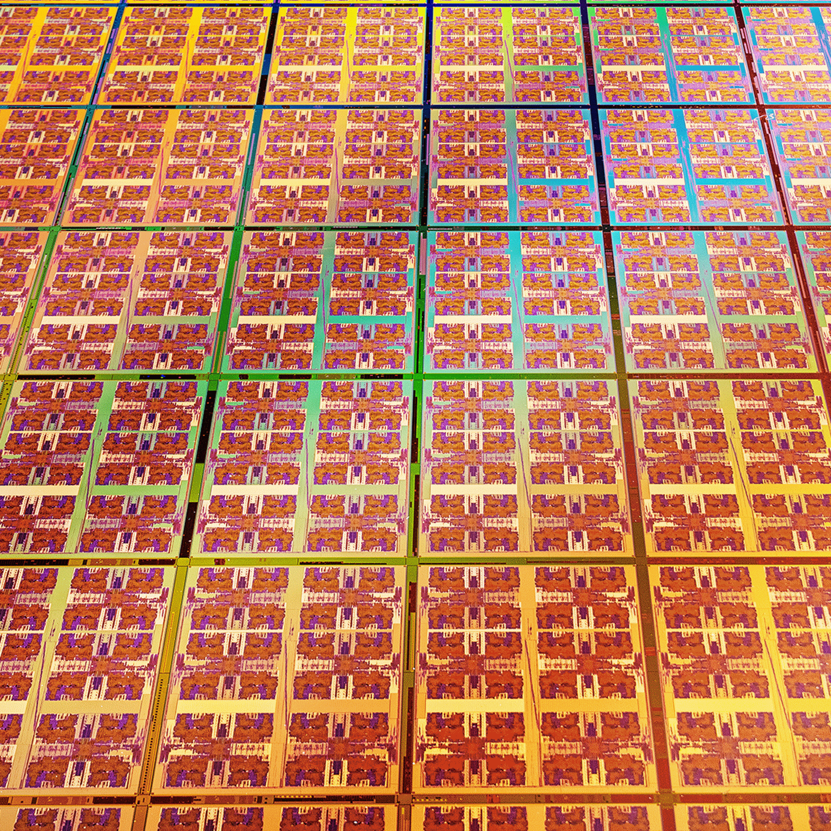 An enlarged section of an Intel® Xeon™ 6+ silicon wafer (credit: Intel Corporation).
