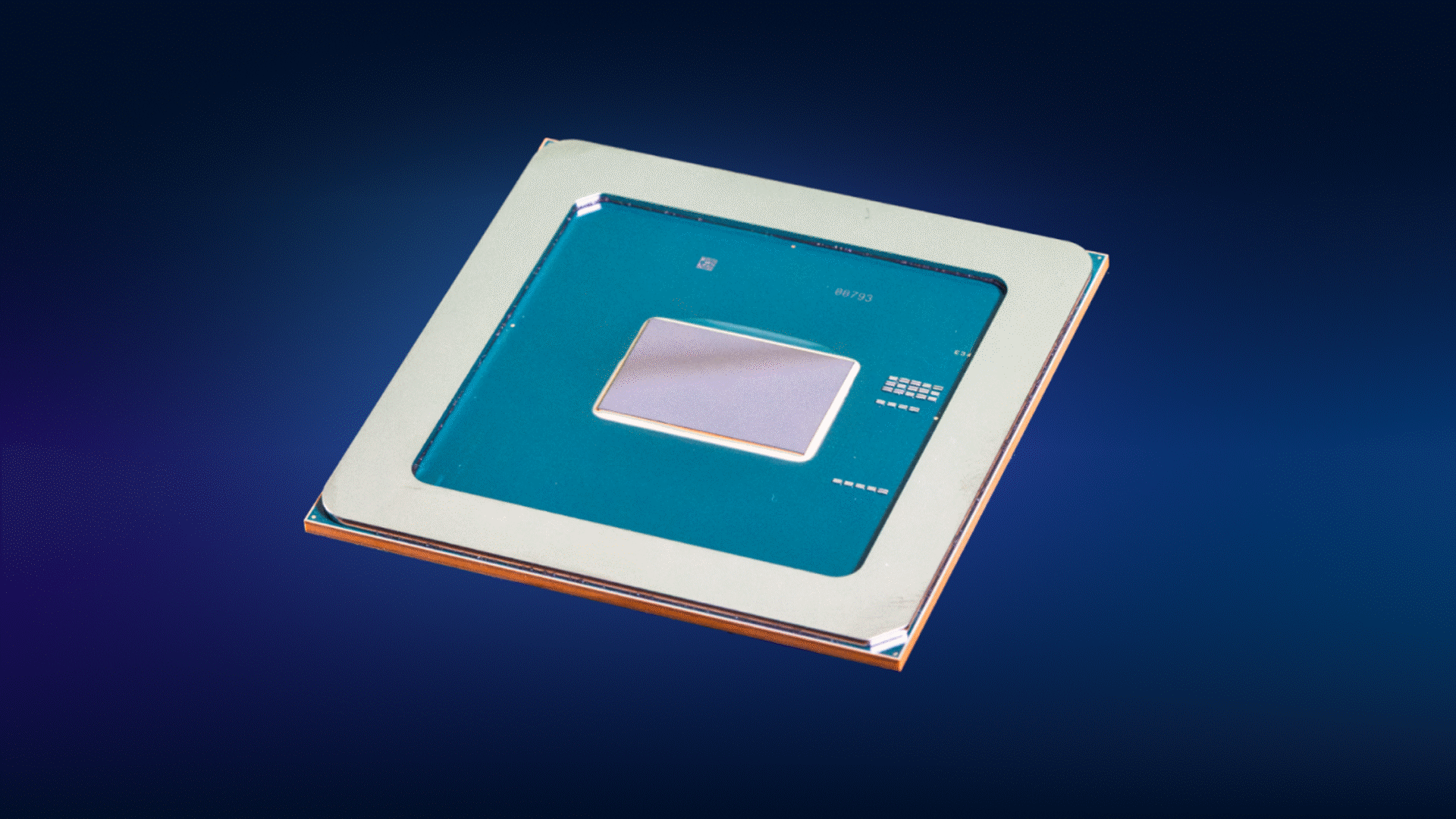 Intel data center GPU processor package with an exposed chip die.
