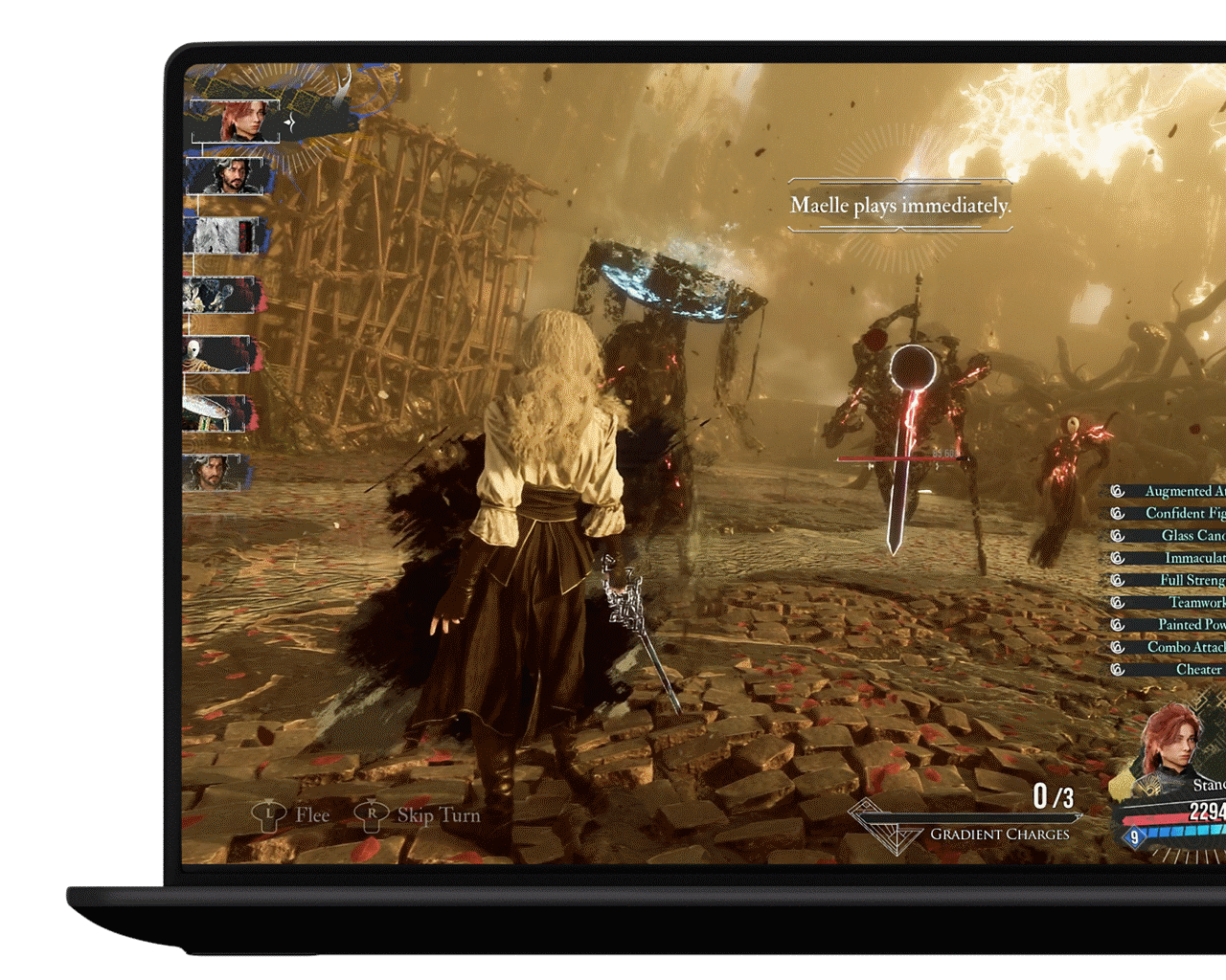 Laptop displaying a fantasy battle scene from a video game