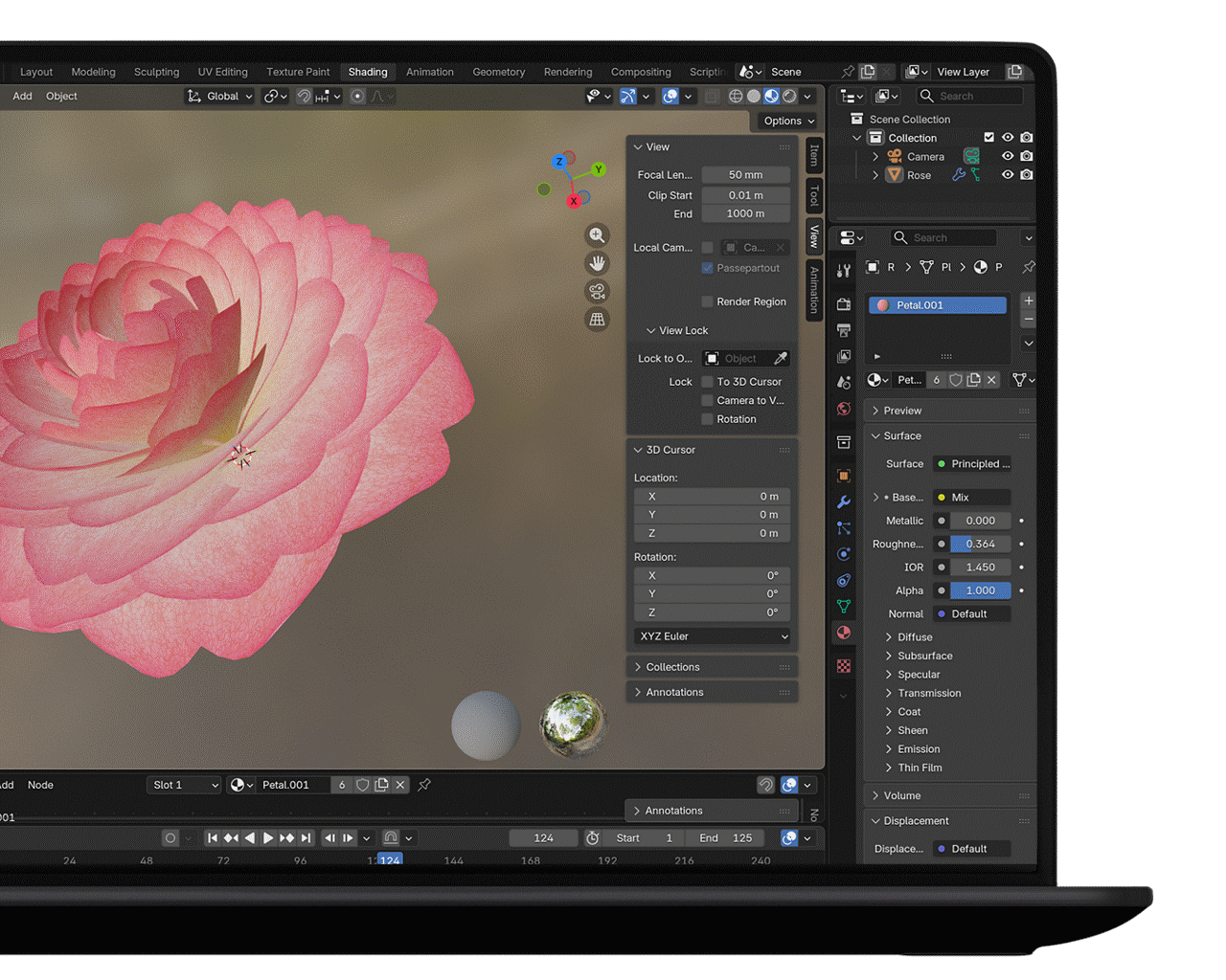 Laptop displaying 3D modeling software with a pink flower design