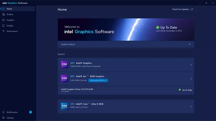 Screen capture of the intel graphics software home page