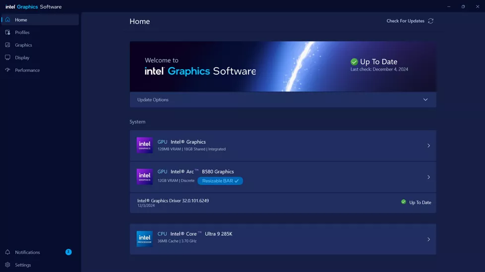 Screen capture of the intel graphics software home page