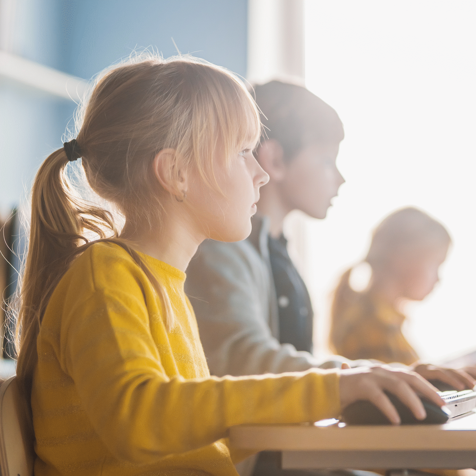 elementary kids in a computer lab