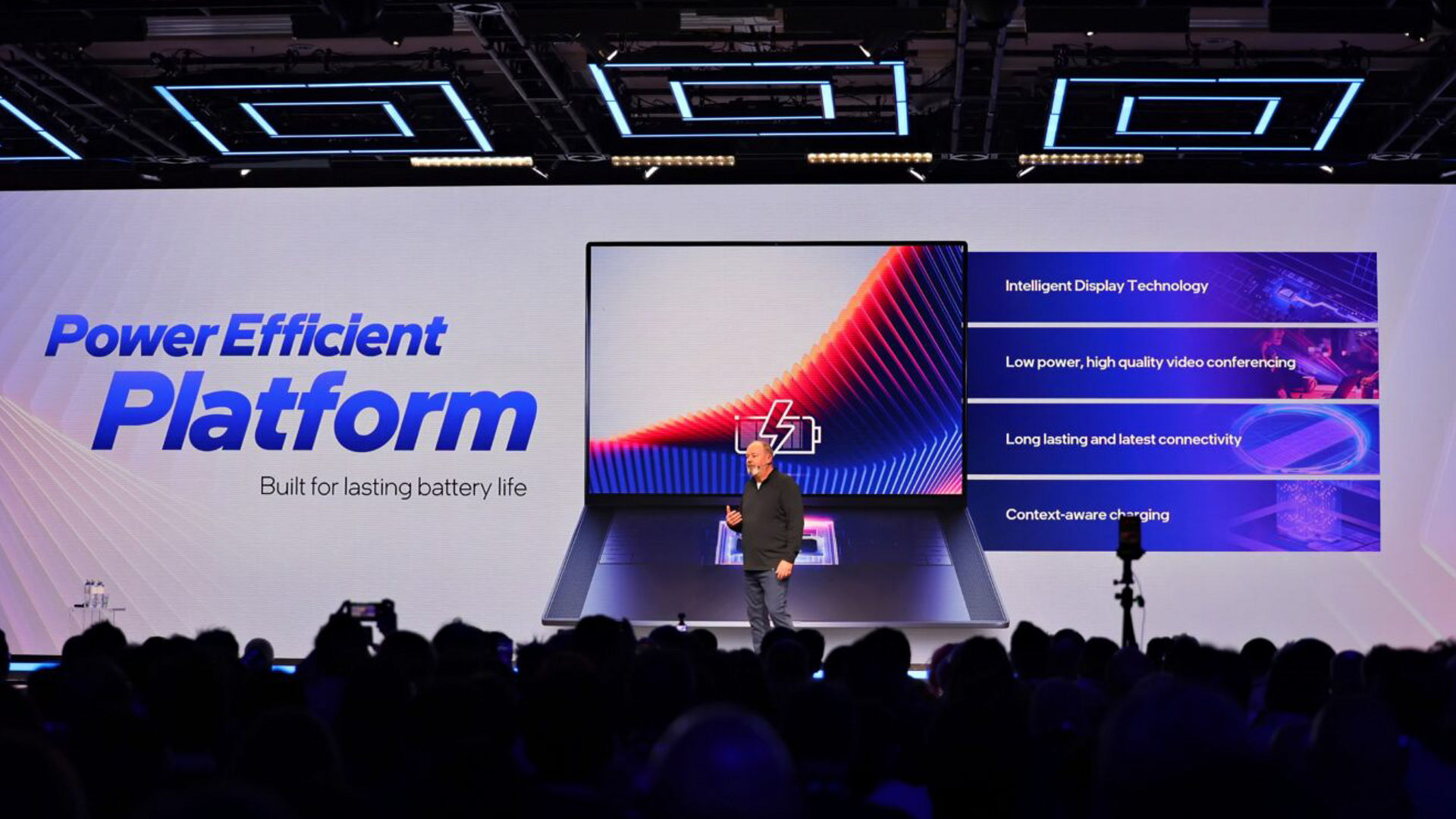 Presenter showing a power-efficient platform slide.