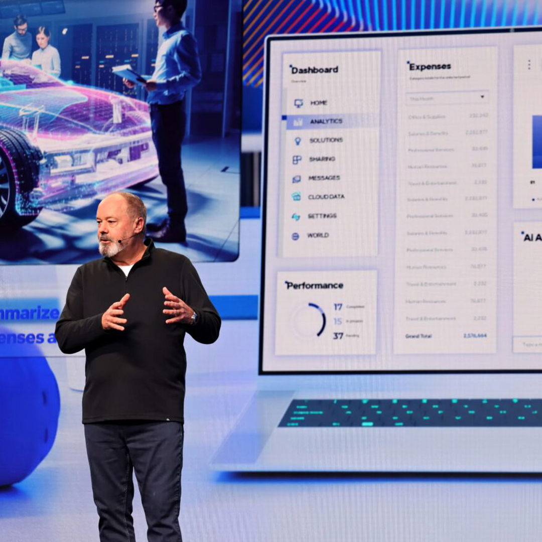 Presenter showing an analytics dashboard.