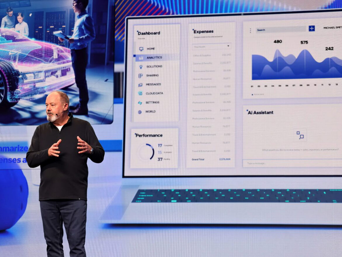 Presenter showing an analytics dashboard.