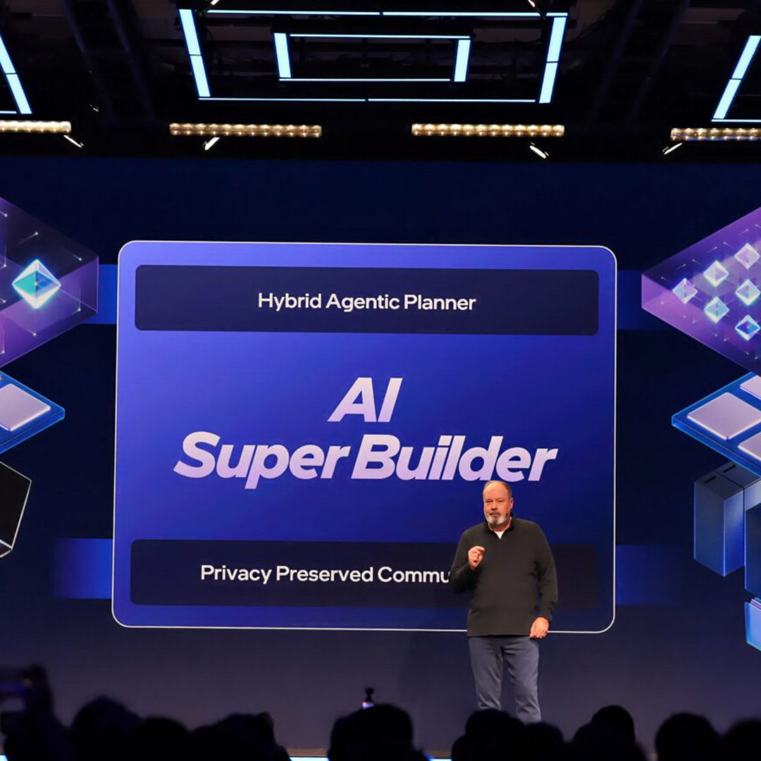 Presenter onstage at an Intel AI Superbuilder demonstration.