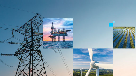 Hintergrundfoto eines Strommastes, überlagert von kleineren Fotos einer Offshore-Bohranlage, Sonnenwindmühle und Photovoltaikanlage.