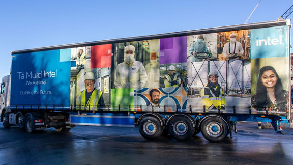 A truck containing the first shipment of Meteor Lake processors leaves Fab 34 in Ireland.
