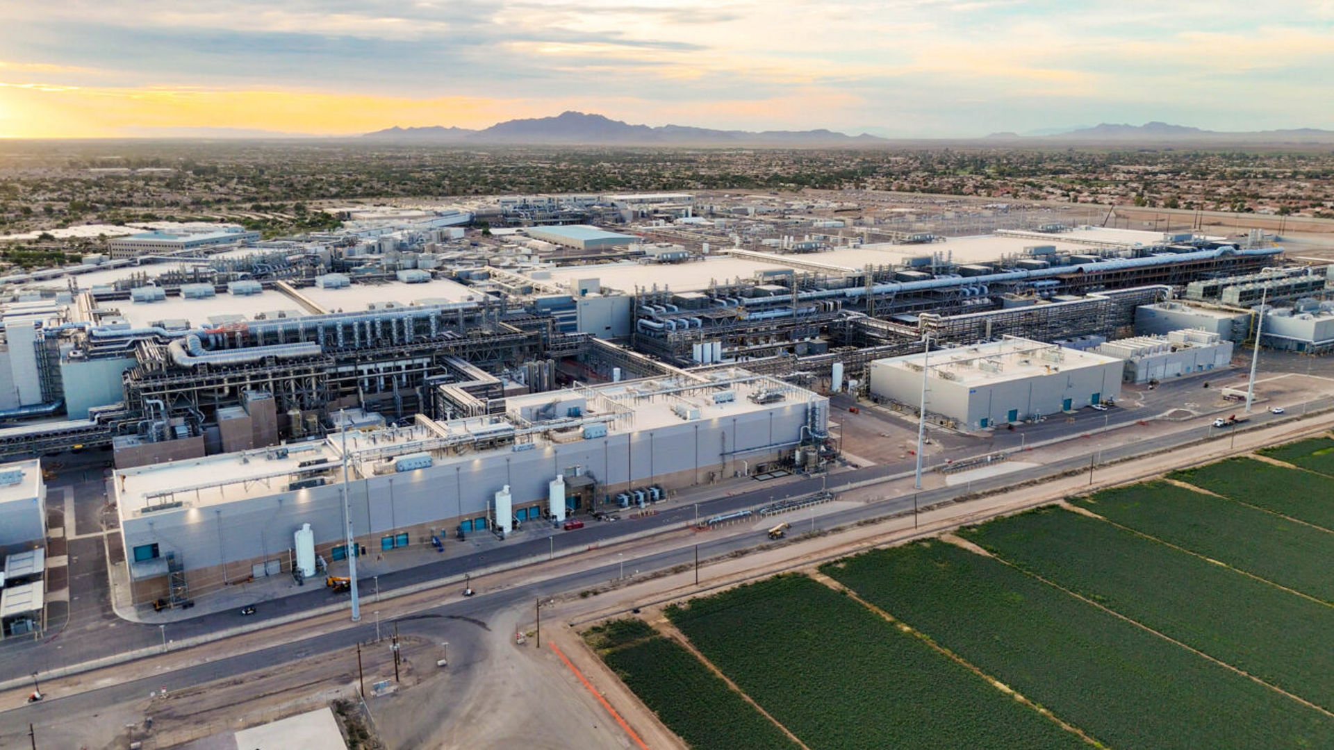 Aerial view of Intel’s Fab 52 semiconductor manufacturing facility in Chandler, Arizona, in morning light.