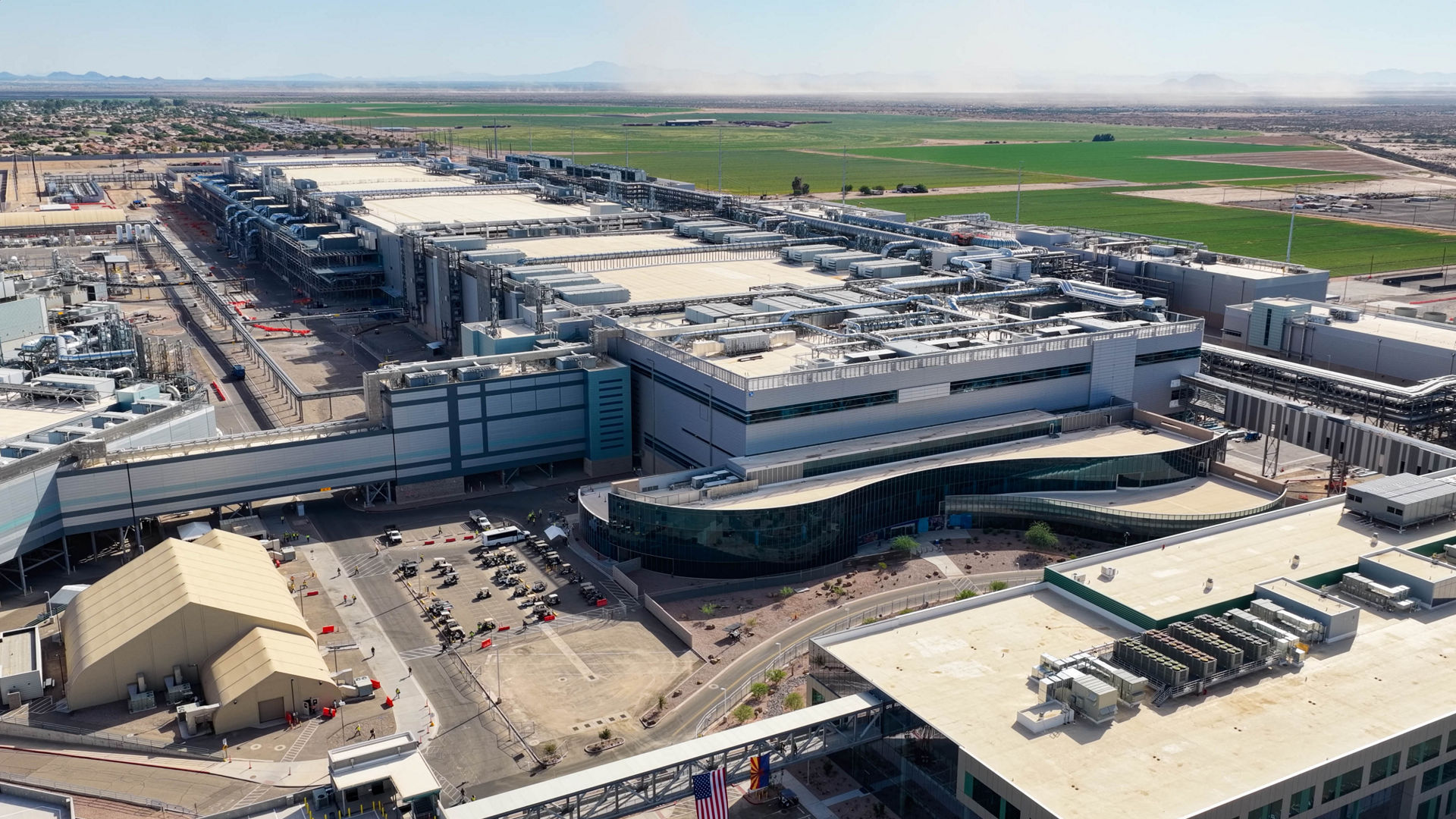Aerial view of Intel’s Fab 52 semiconductor manufacturing facility in Chandler, Arizona.