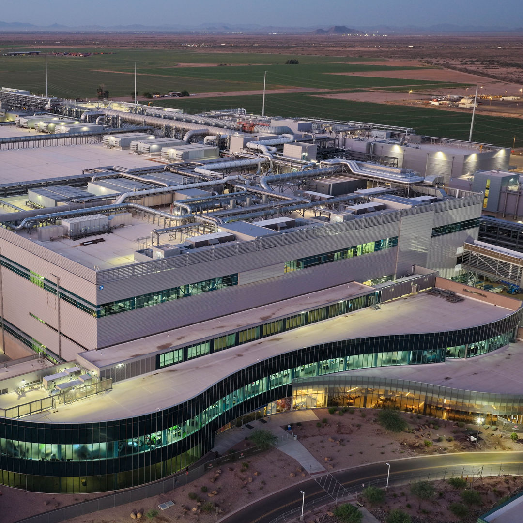 A drone photo shows Intel’s new Fab 52 in Chandler, Arizona, in September 2025. Fab 52 is Intel’s fifth high-volume fab at its Ocotillo campus. This facility will produce the most advanced logic chips in the United States and is part of the $100 billion Intel is investing to expand its domestic operations.