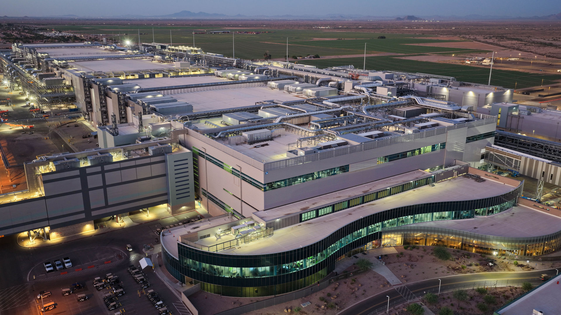 Aerial view of Intel’s Fab 52 semiconductor manufacturing facility in Chandler, Arizona, at sunrise.