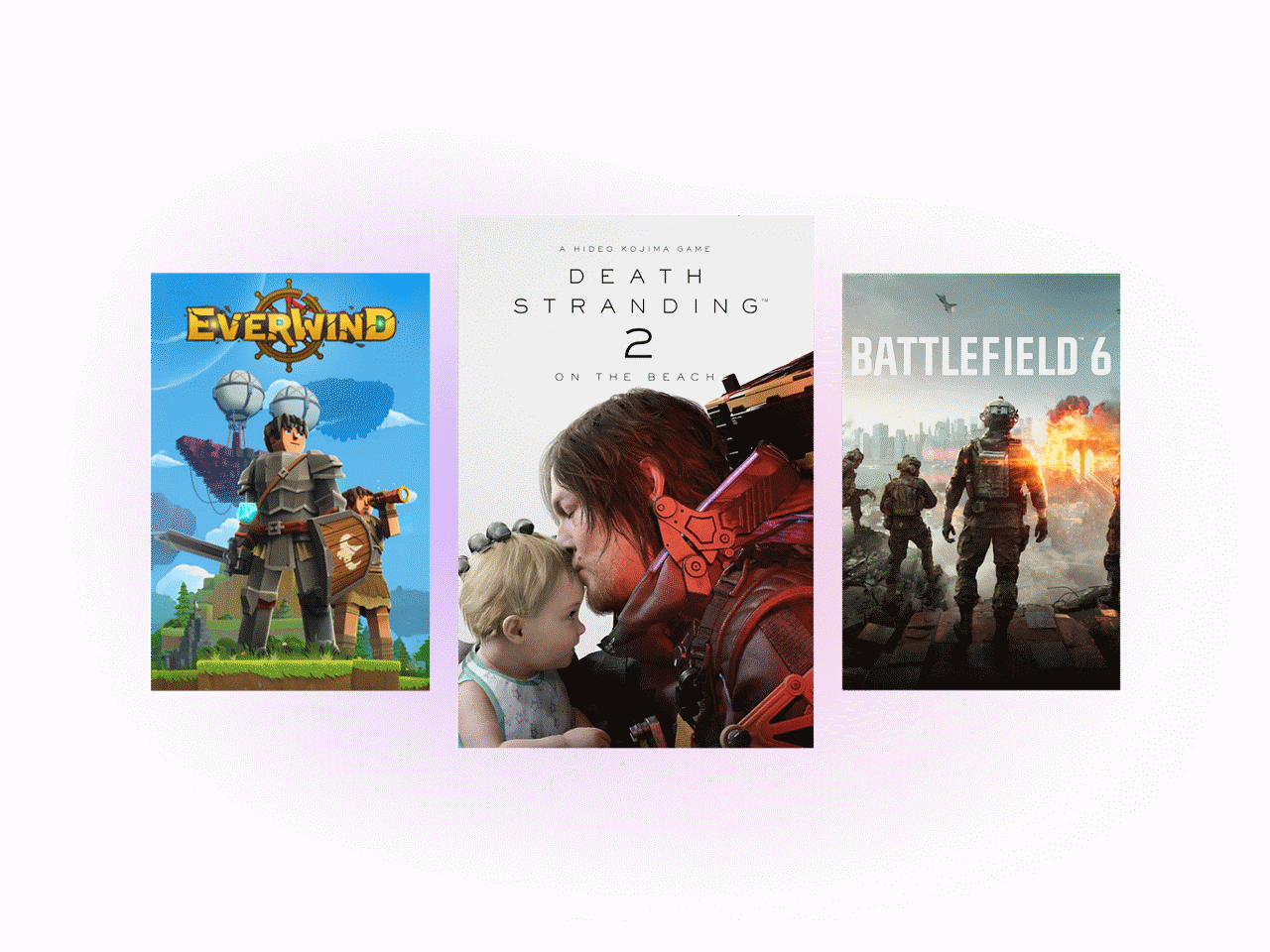 Video game cover art including Everwind, Death Stranding 2, and Battlefield