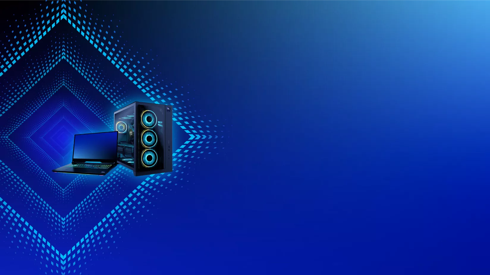 ダイヤモンド模様の背景に、ハイエンドのゲーム向けノートブック PC とゲーム向け PC タワーが隣り合わせに置かれている。
