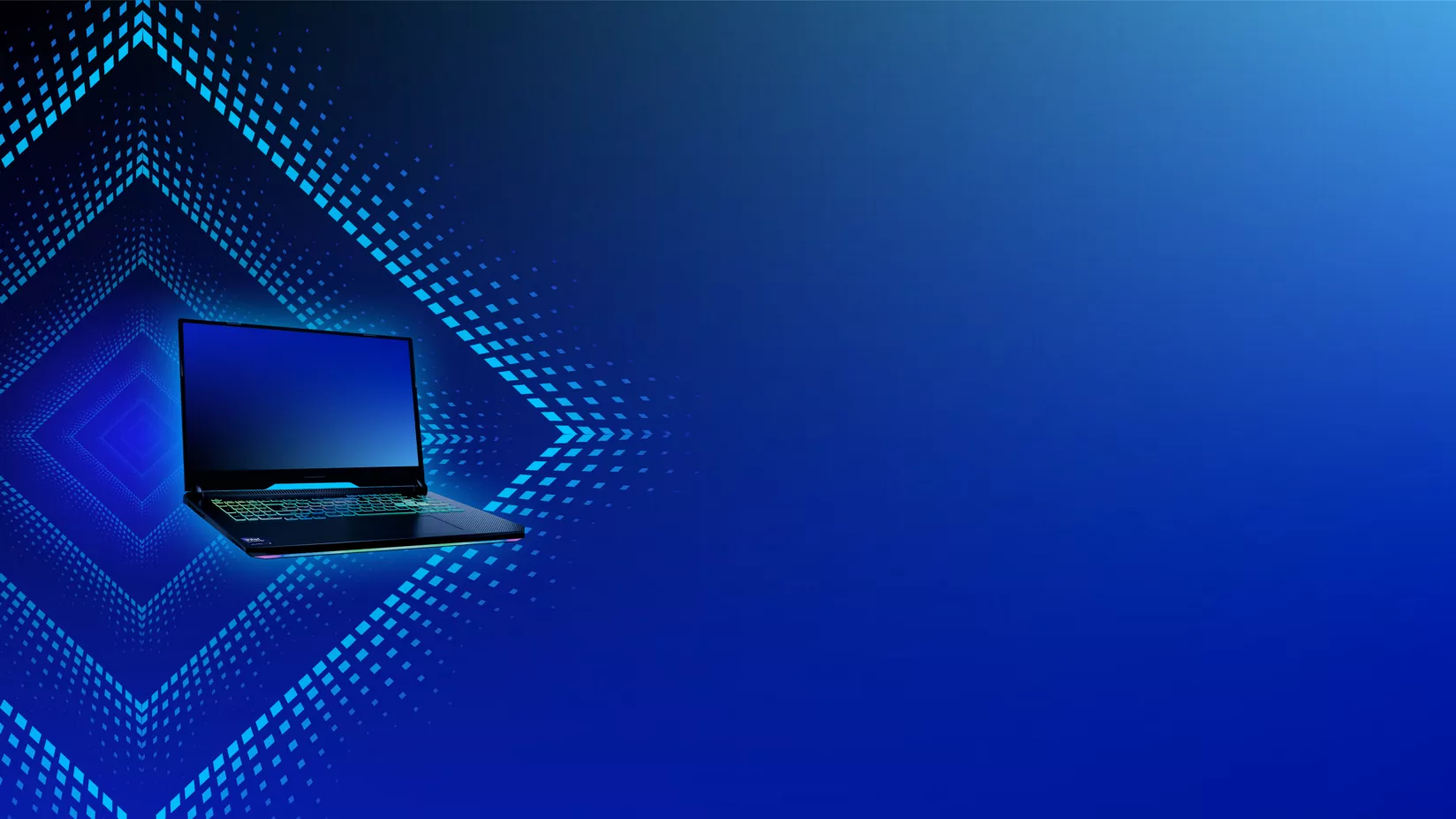 ブルーのダイヤモンドパターンの背景にハイエンドのゲーミングノートブック PC が現れている