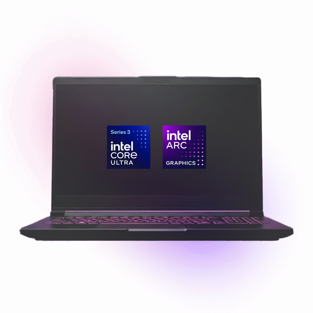 Core Ultra Series 3 logo and Intel Arc Graphics logo on a laptop screen