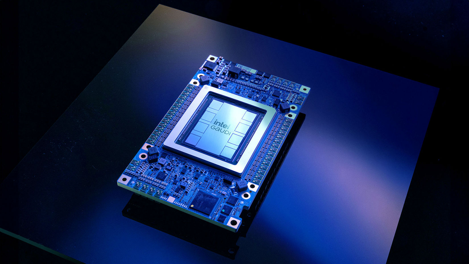 Product imagery of an Intel® Gaudi® 3 AI accelerator in dramatic lighting