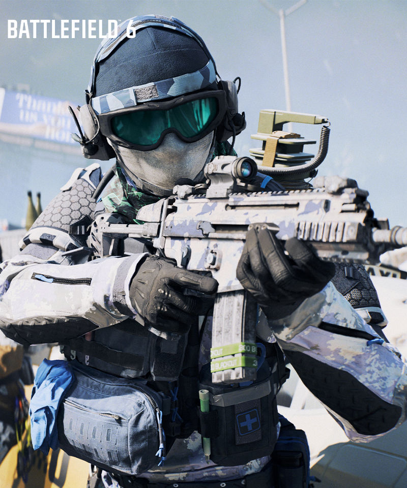 Captura de tela do jogo Battlefield 6 de uma pessoa segurando uma arma.