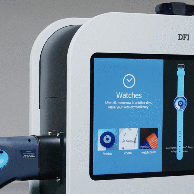 Digital kiosk screen displaying watch products and categories