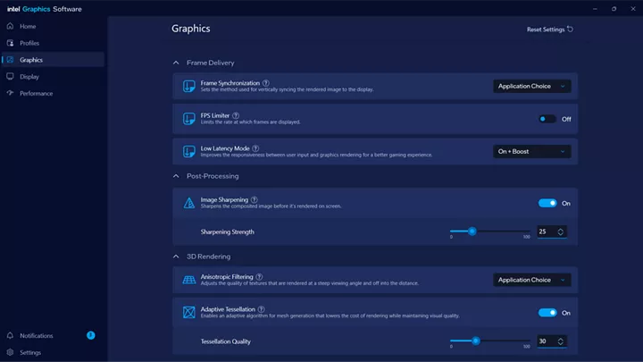 Screen capture of intel graphics software graphics page