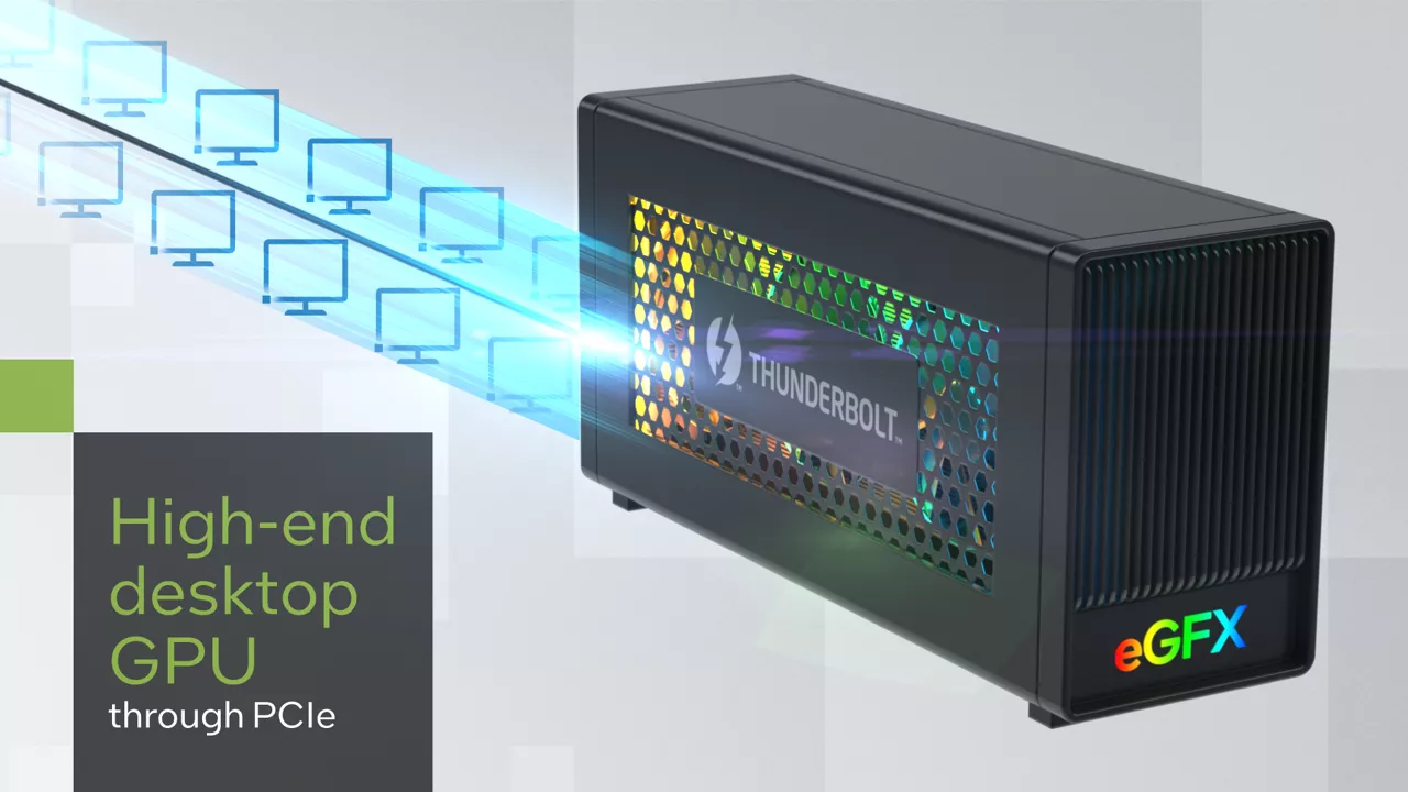 一根连接外部 GPU 的 Thunderbolt™ 雷电技术电缆旁浮现 “通过 PCIe 连接高端台式机 GPU” 字样
