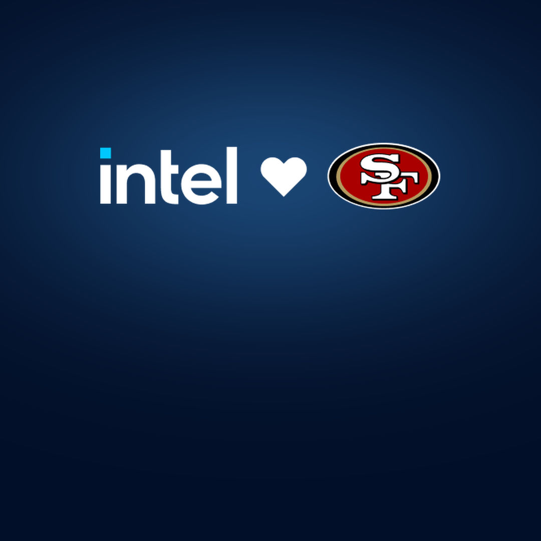 Intel logo alongside the 49ers logo with a heart in the middle