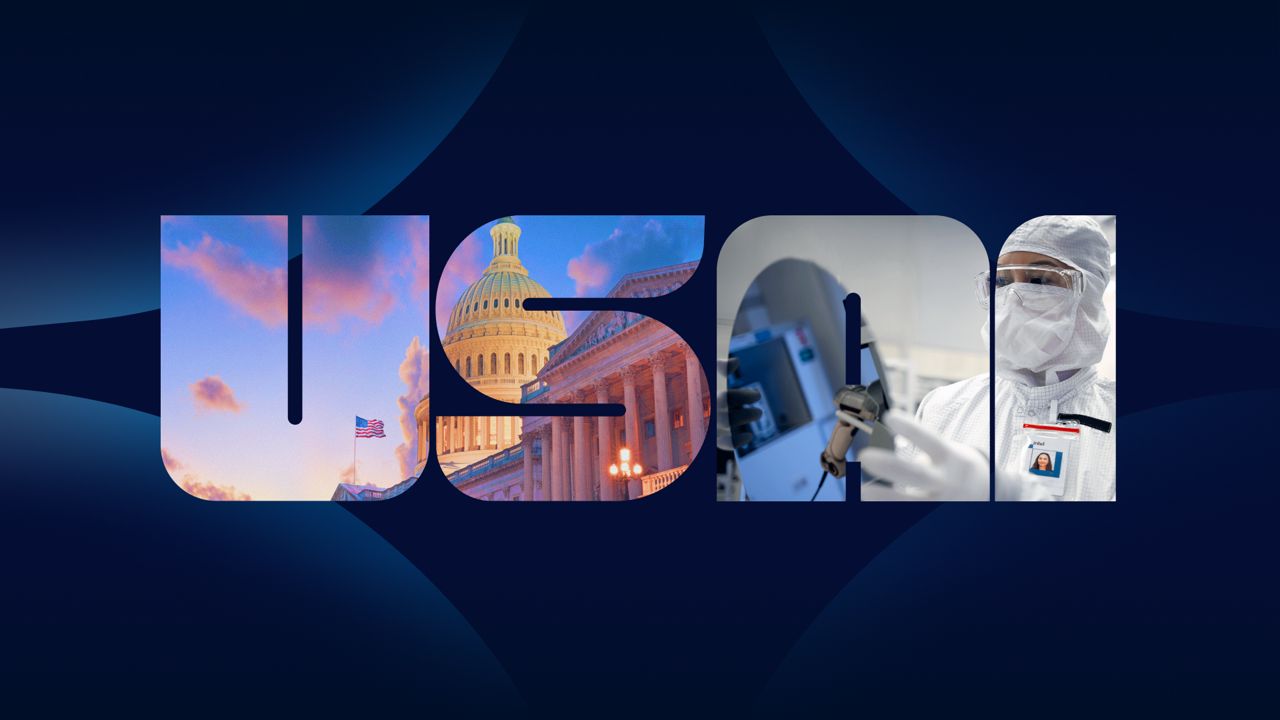 Stylized USAI logo with a photo collage of the American flag flying in a blue sky, the U.S. Capitol Building, and a lab worker using instrumentation.