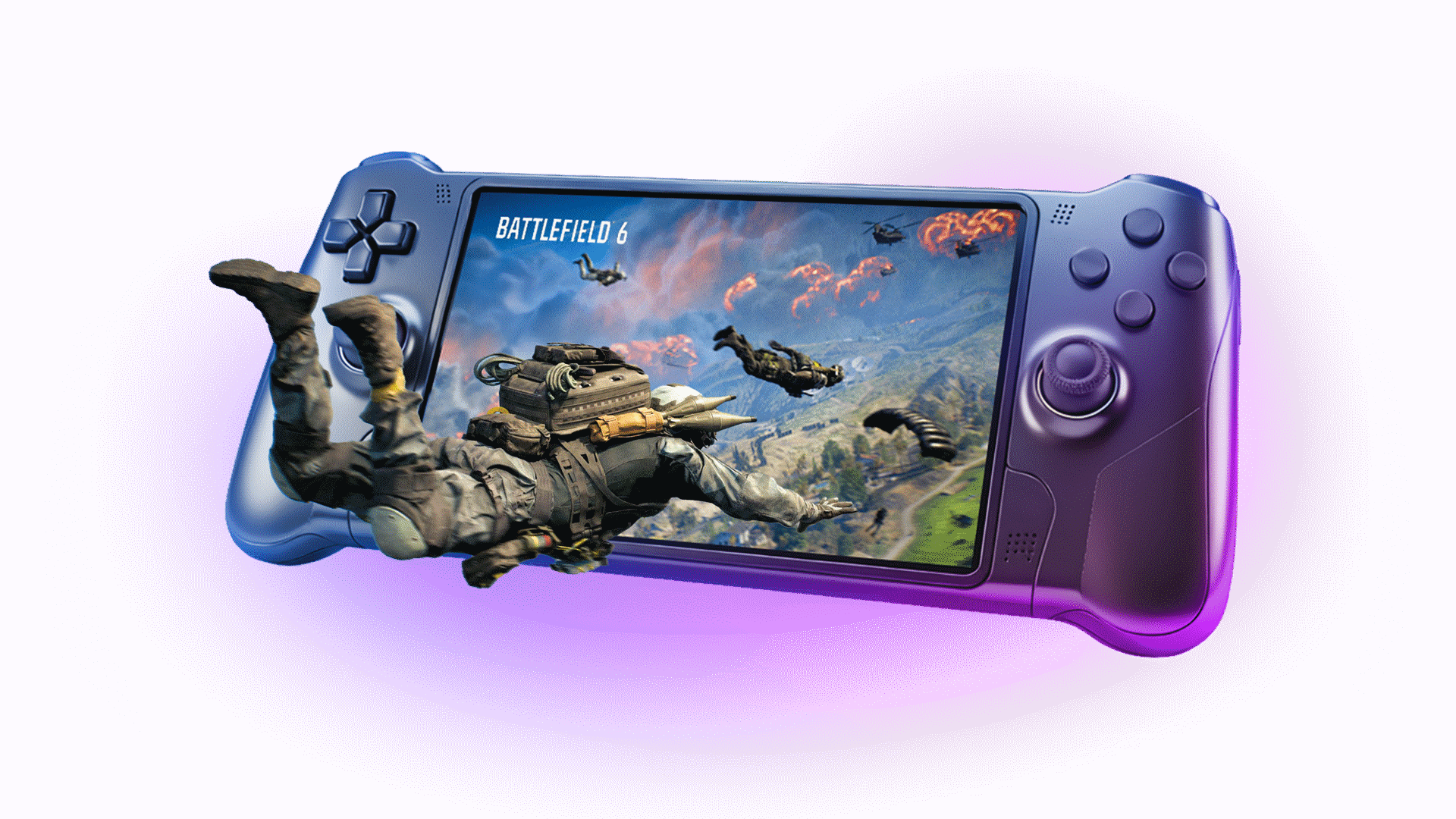 A handheld gaming device with Battlefield 6 on the screen