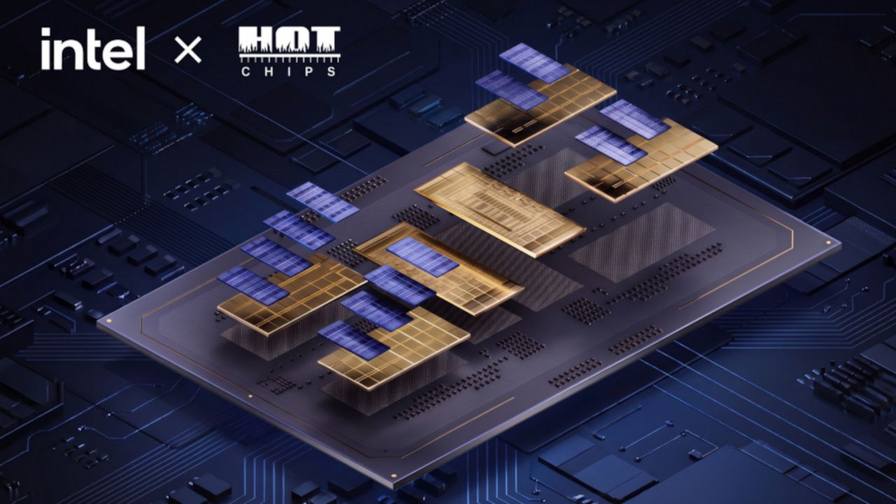 インテルとHot Chipsのロゴ、3Dで描かれた半導体チップ・アーキテクチャー。