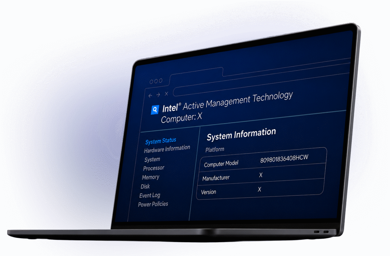 Laptop showing Intel vPro Manageability dashboard.
