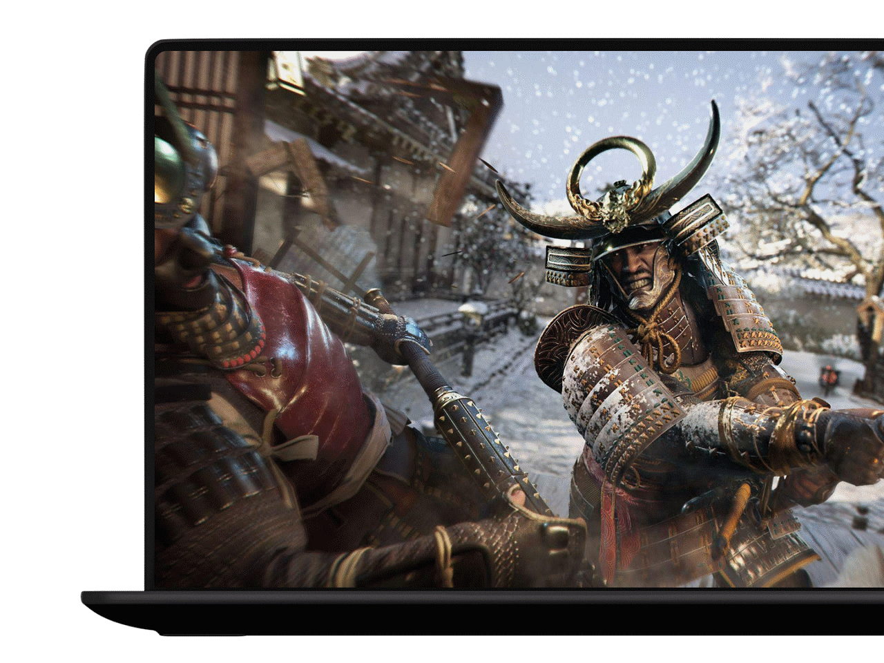 Close-up of a samurai battle scene displayed on a laptop screen