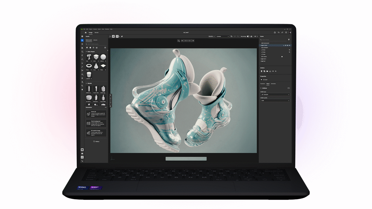 Laptop displaying 3D design software with a detailed ski boot model