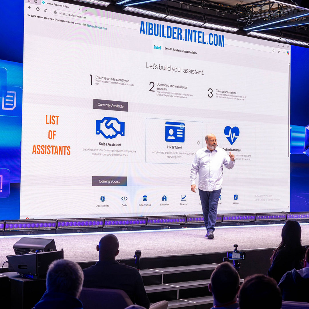 Jim Johnson presenting Intel AI Assistant Builder onstage at CES 2025.