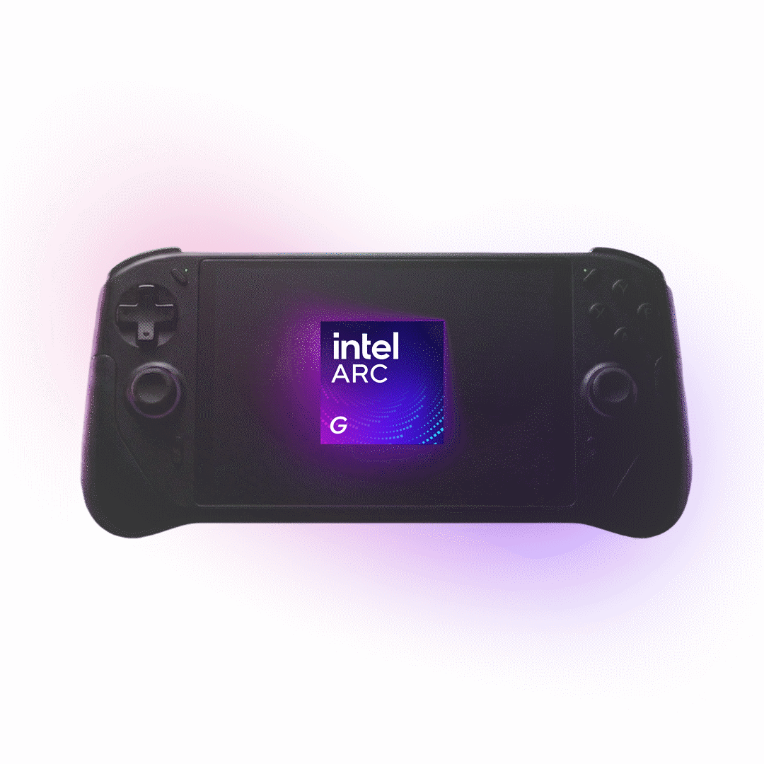 Handheld device with a glowing Intel Arc G logo