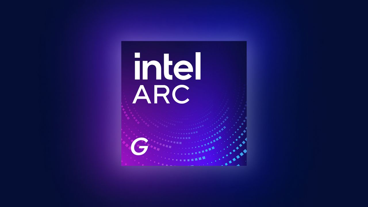 Logotipo de Intel Arc Serie G sobre fondo azul y morado