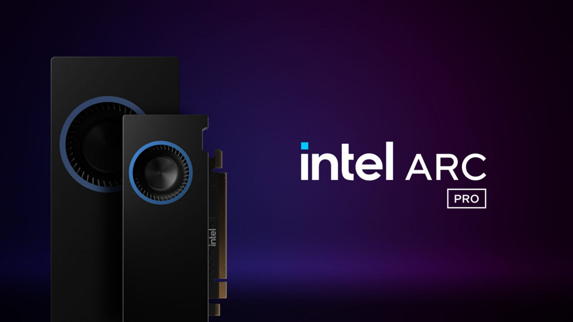 Two Intel Arc Pro graphics cards shown next to the Intel Arc Pro logo.