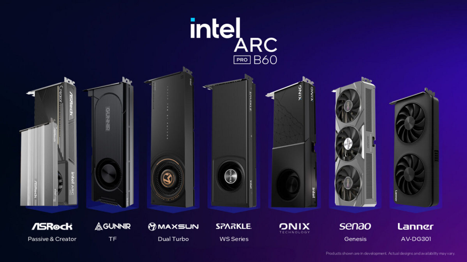 A lineup of Intel Arc Pro B60 graphics cards from various partner manufacturers.